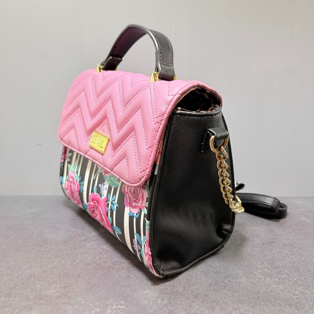 Love Betsey by Betsey Johnson Floral Stripe Crossbody Satchel Pink Chevon Handle - Picture 4 of 12